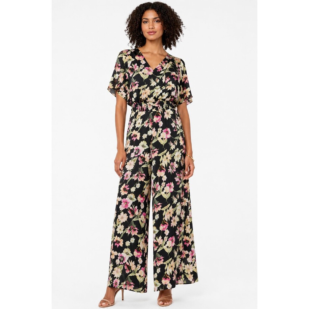 Vince Camuto Floral Flutter Sleeve Jumpsuit Rich Black Paradise Chic 91624930 XS